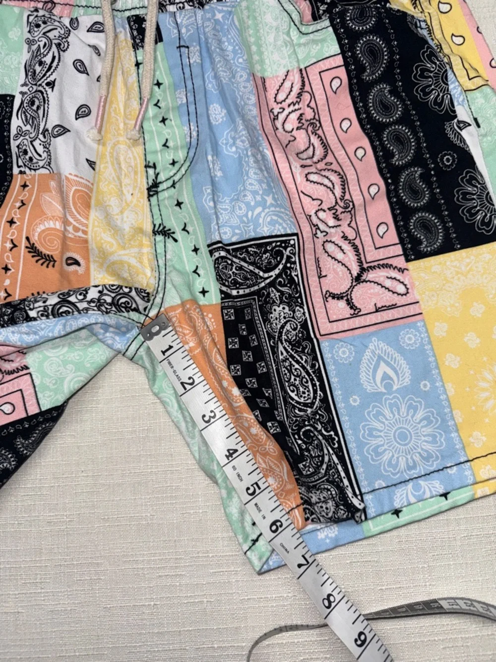 fresh Prints Stretch Twill Patchwork Bandana Drawstring Shorts